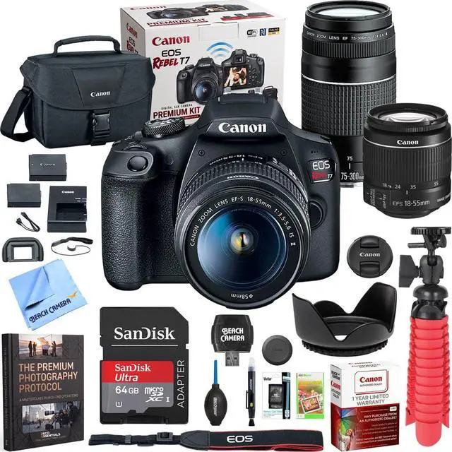 Main image of Canon T7 EOS Rebel DSLR Camera with EF-S 18-55mm f/3.5-5.6 is II and EF 75-300mm f/4-5.6 III Lens Plus Double Battery, Memory Card, Deluxe Case, Cleaning Kit and Mini Tripod Accessory Bundle