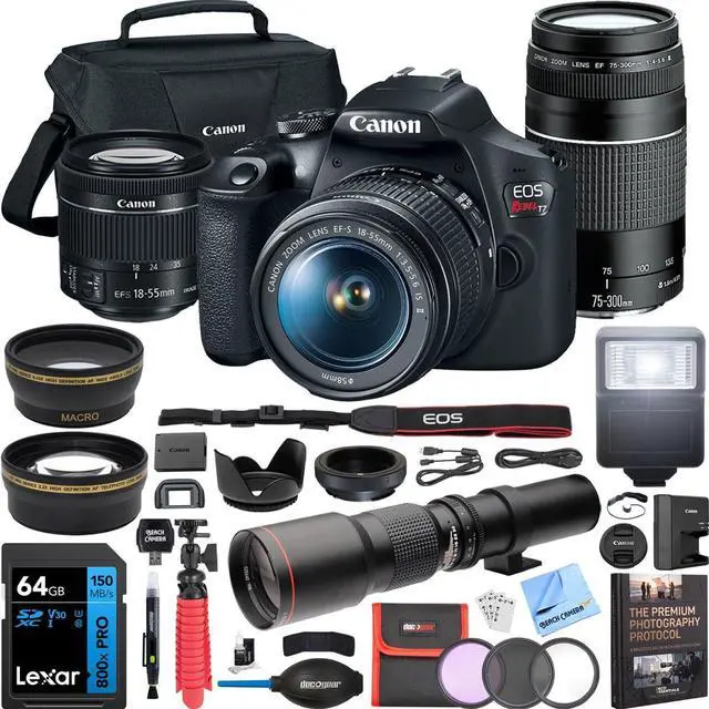 Main image of Canon EOS Rebel T7 DSLR Camera with EF 18-55mm and 75-300mm Double Zoom Kit Bundle with 500mm Preset Telephoto Lens, Camera Bag, 64GB Memory Card, Photography Pro Guidebook and Accessories (13 Items)