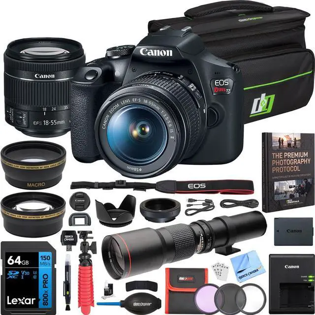 Main image of Canon EOS Rebel T7 Digital SLR Camera 18-55mm f/3.5-5.6 is II Kit Bundle with 500mm Preset Telephoto Lens, Camera Bag, 64GB Memory Card, Photography Pro Guidebook and Accessories (13 Items)