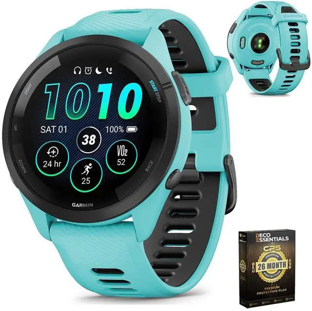 Main image of Garmin Forerunner 265 Running GPS Smartwatch, AMOLED Display, 46mm, Aqua/Black, 010-02810-02 - Bundle w/Deco Essentials 26-Month CPS Plan