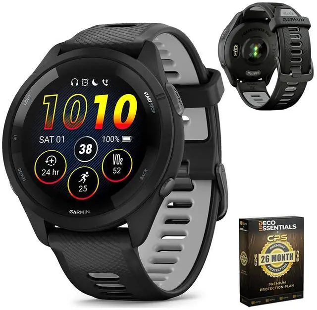 Main image of Garmin Forerunner 265 Running GPS Smartwatch, AMOLED Display, 46mm, Black/Powder Gray, 010-02810-00 - Bundle w/Deco Essentials 26-Month CPS Plan