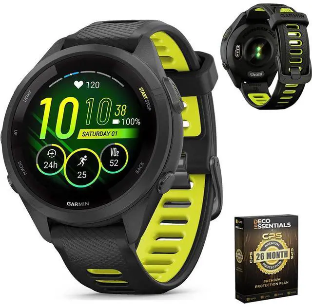 Main image of Garmin Forerunner 265S Running GPS Smartwatch, AMOLED Display, 42mm, Black/Amp Yellow, 010-02810-03 - Bundle w/Deco Essentials 26-Month CPS Plan