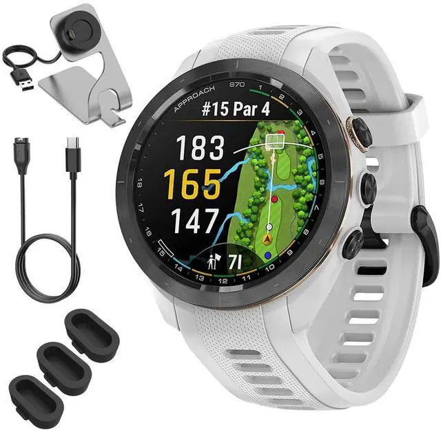 Main image of Garmin 010-02746-00 Approach S70 42 mm Premium GPS Golf Watch, White Band Bundle with Deco Essentials Charging Dock, 3X Silicone Dust Cover and USB Type C Charging and Sync Cable
