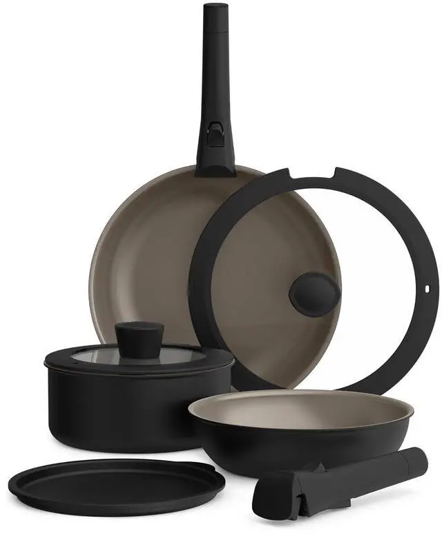 Main image of bella 8 Piece Removable Handle Ceramic Non-Toxic Cookware Set, Black