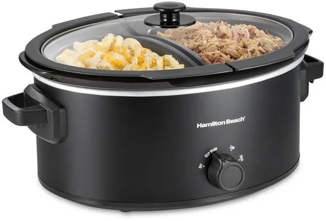 Main image of Hamilton Beach 6 Quart Double Dish Slow Cooker, Cooks 2 Meals At Once | Dual 2.5 Quart Nonstick Insert | 3 Heat Settings | Serves 7+ | Dishwasher Safe Stoneware Crock & Glass Lid | Black | 33569