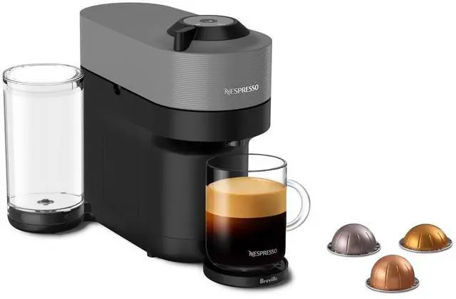 Main image of Nespresso Original Vertuo Pop+ Coffee & Espresso Maker by Breville, Grey | Dark grey coffee and espresso machine with compact design, 25 fl. oz. side tank, 30 second heat-up and one touch brewing.