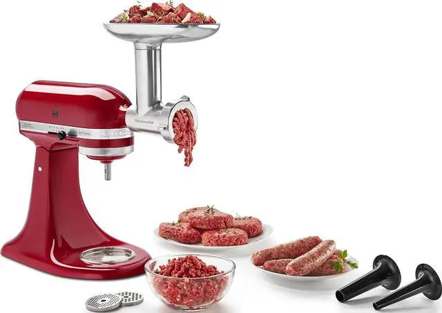 Main image of KitchenAid KSMMGA Food Grinder Attachment for All KitchenAid Stand Mixers | Includes Food Tray-Pusher-Grinding Plates-Sausage Stuffer tubes and plate, Compatible with all KitchenAid Stand Mixers