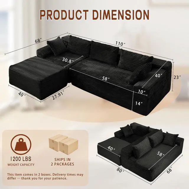 Alt view image 2 of 7 - Korser 110" Boneless Modular Sectional Sofa with Chaise, L-Shaped Comfy Corduroy Fluffy Couch with Deep Seat and Side Pockets, Flexible Module Combination for Living Room, No Assembly, Side Pockets