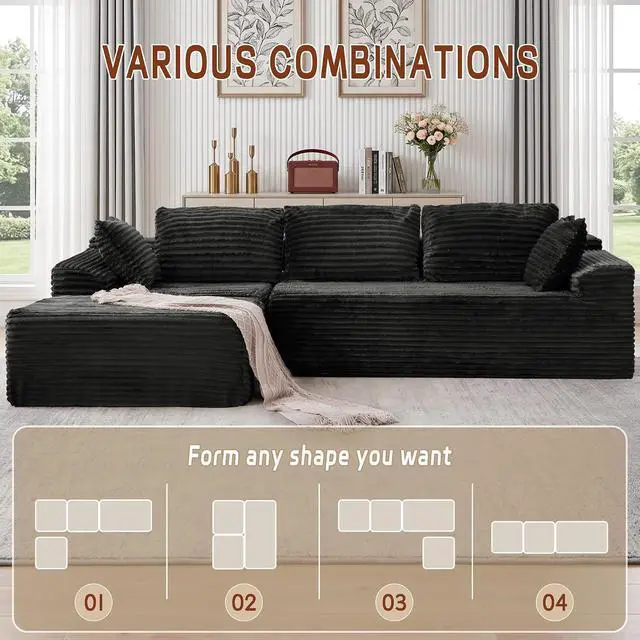 Alt view image 3 of 7 - Korser 110" Boneless Modular Sectional Sofa with Chaise, L-Shaped Comfy Corduroy Fluffy Couch with Deep Seat and Side Pockets, Flexible Module Combination for Living Room, No Assembly, Side Pockets