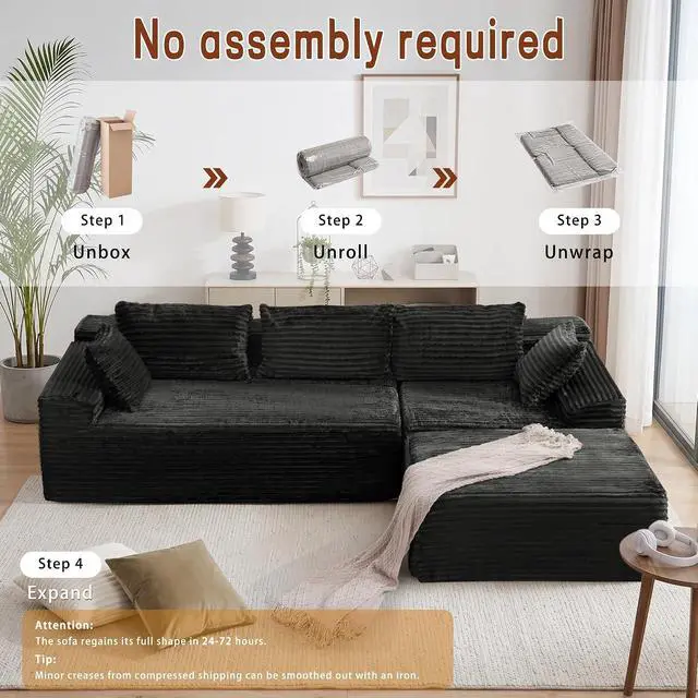 Alt view image 7 of 7 - Korser 110" Boneless Modular Sectional Sofa with Chaise, L-Shaped Comfy Corduroy Fluffy Couch with Deep Seat and Side Pockets, Flexible Module Combination for Living Room, No Assembly, Side Pockets