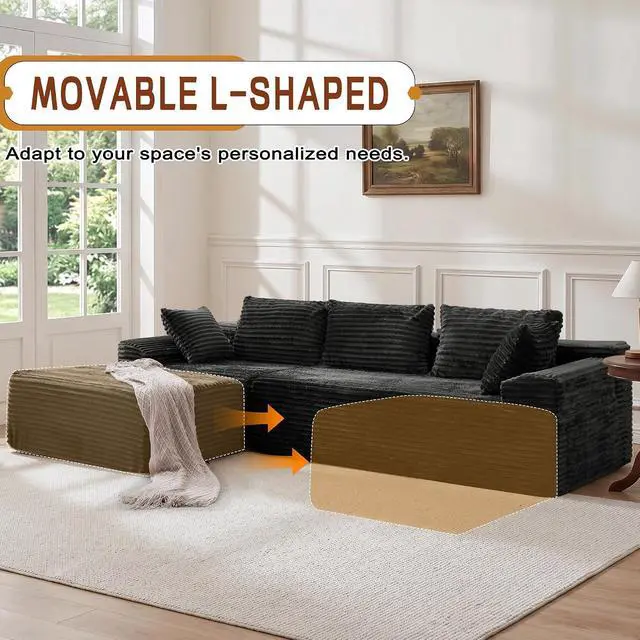 Alt view image 6 of 7 - Korser 110" Boneless Modular Sectional Sofa with Chaise, L-Shaped Comfy Corduroy Fluffy Couch with Deep Seat and Side Pockets, Flexible Module Combination for Living Room, No Assembly, Side Pockets