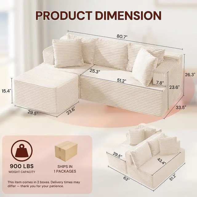 Alt view image 2 of 7 - Korser Boneless Couches for Living Room, Cloud Couch Sectional with Ottoman, L-Shaped Sofa with Fluffy Comfy Corduroy Deep Seat, Bedroom, Apartment, No Assembly Required