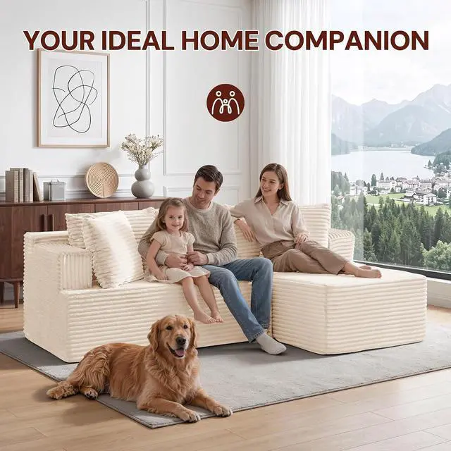 Alt view image 3 of 7 - Korser Boneless Couches for Living Room, Cloud Couch Sectional with Ottoman, L-Shaped Sofa with Fluffy Comfy Corduroy Deep Seat, Bedroom, Apartment, No Assembly Required