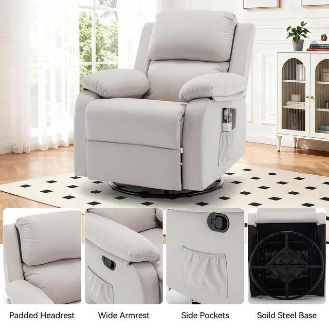 Alt view image 5 of 6 - Korser Recliner Chair, 360 Swivel Rocker Chair for Adults, Small Rocking Recliner for Small Spaces, Upholstered Fabric Glider Recliner Nursery