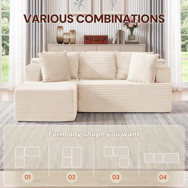 Alt view image 5 of 7 - Korser Boneless Couches for Living Room, Cloud Couch Sectional with Ottoman, L-Shaped Sofa with Fluffy Comfy Corduroy Deep Seat, Bedroom, Apartment, No Assembly Required