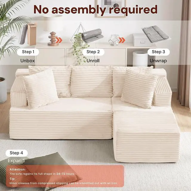 Alt view image 6 of 7 - Korser Boneless Couches for Living Room, Cloud Couch Sectional with Ottoman, L-Shaped Sofa with Fluffy Comfy Corduroy Deep Seat, Bedroom, Apartment, No Assembly Required