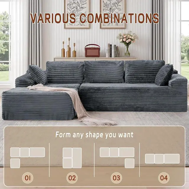 Alt view image 4 of 7 - Korser 110" L-Shaped Modular Sectional Sofa with Chaise, Boneless Comfy Corduroy Fluffy Couch with Deep Seat and Side Pockets, Flexible Module Combination for Living Room, No Assembly, Side Pockets