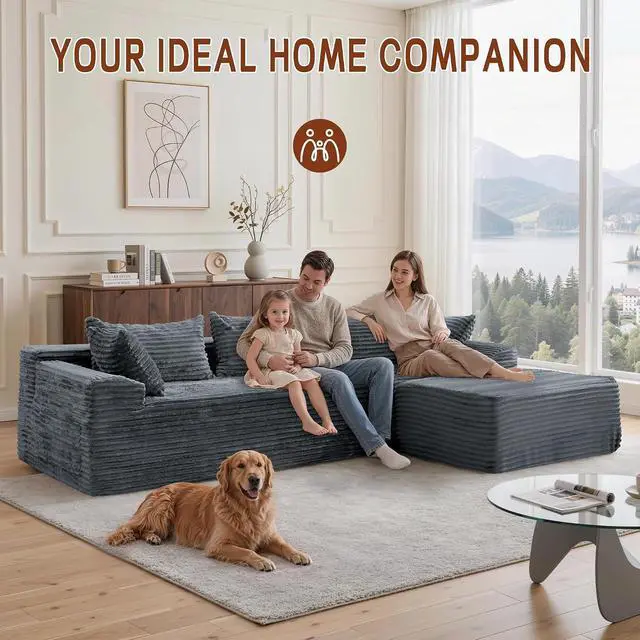 Alt view image 6 of 7 - Korser 110" L-Shaped Modular Sectional Sofa with Chaise, Boneless Comfy Corduroy Fluffy Couch with Deep Seat and Side Pockets, Flexible Module Combination for Living Room, No Assembly, Side Pockets