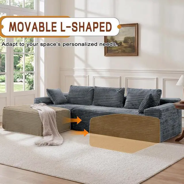 Alt view image 7 of 7 - Korser 110" L-Shaped Modular Sectional Sofa with Chaise, Boneless Comfy Corduroy Fluffy Couch with Deep Seat and Side Pockets, Flexible Module Combination for Living Room, No Assembly, Side Pockets