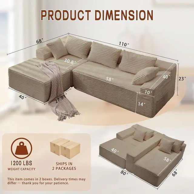 Alt view image 2 of 7 - Korser 110" L-Shaped Modular Sectional Sofa with Chaise, Boneless Comfy Corduroy Fluffy Couch with Deep Seat and Side Pockets, Flexible Module Combination for Living Room, No Assembly, Side Pockets