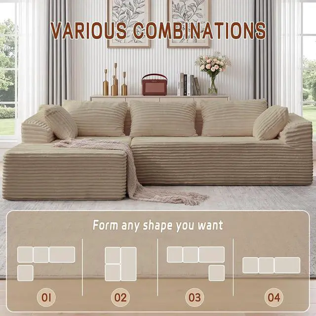 Alt view image 3 of 7 - Korser 110" L-Shaped Modular Sectional Sofa with Chaise, Boneless Comfy Corduroy Fluffy Couch with Deep Seat and Side Pockets, Flexible Module Combination for Living Room, No Assembly, Side Pockets