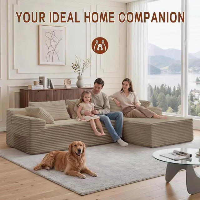 Alt view image 5 of 7 - Korser 110" L-Shaped Modular Sectional Sofa with Chaise, Boneless Comfy Corduroy Fluffy Couch with Deep Seat and Side Pockets, Flexible Module Combination for Living Room, No Assembly, Side Pockets