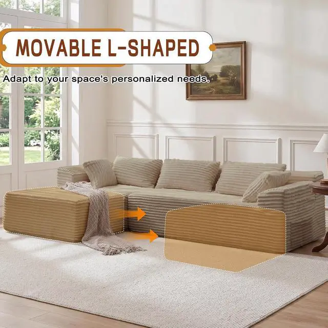 Alt view image 6 of 7 - Korser 110" L-Shaped Modular Sectional Sofa with Chaise, Boneless Comfy Corduroy Fluffy Couch with Deep Seat and Side Pockets, Flexible Module Combination for Living Room, No Assembly, Side Pockets