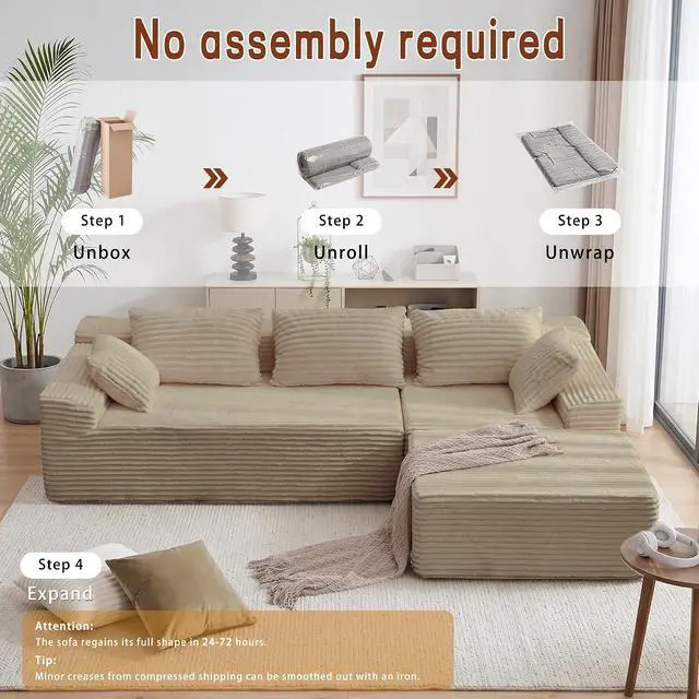 Alt view image 7 of 7 - Korser 110" L-Shaped Modular Sectional Sofa with Chaise, Boneless Comfy Corduroy Fluffy Couch with Deep Seat and Side Pockets, Flexible Module Combination for Living Room, No Assembly, Side Pockets