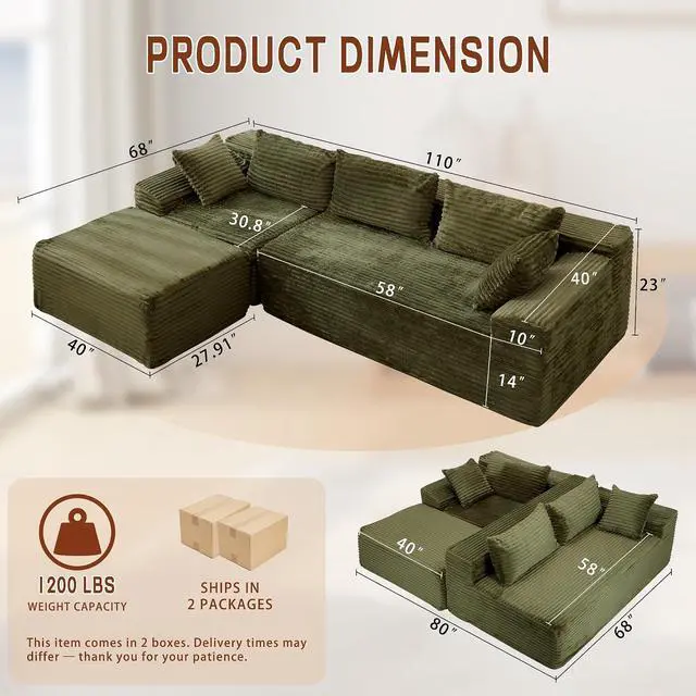 Alt view image 2 of 7 - Korser 110" L-Shaped Modular Sectional Sofa with Chaise, Boneless Comfy Corduroy Fluffy Couch with Deep Seat and Side Pockets, Flexible Module Combination for Living Room, No Assembly, Side Pockets