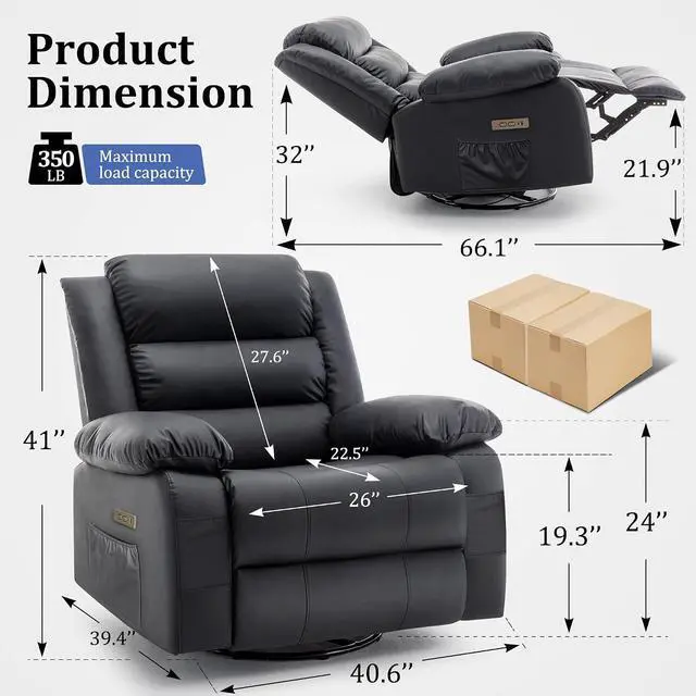 Alt view image 2 of 7 - Korser Oversized Power Recliner Chair, Extra Wide Electric Glider with Massage and Heat, 270° Swivel Rocker for Adults, Nursery Chair with USB Port, Cashmere Reclining Sofa for Living Room, Black