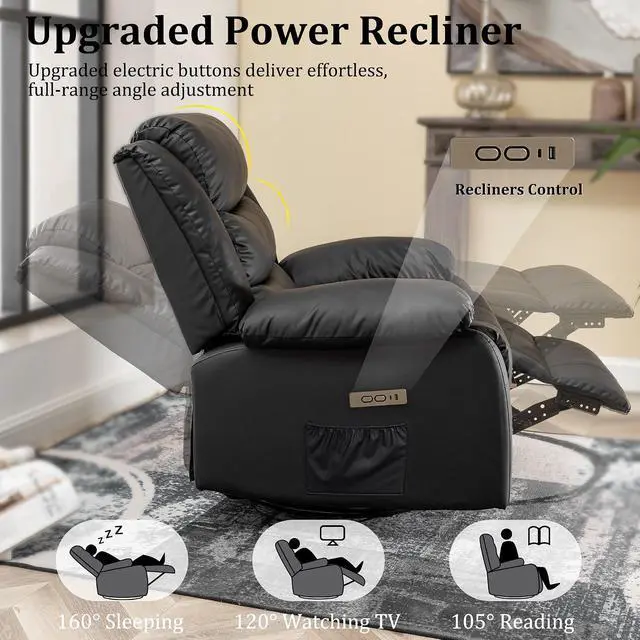 Alt view image 5 of 7 - Korser Oversized Power Recliner Chair, Extra Wide Electric Glider with Massage and Heat, 270° Swivel Rocker for Adults, Nursery Chair with USB Port, Cashmere Reclining Sofa for Living Room, Black