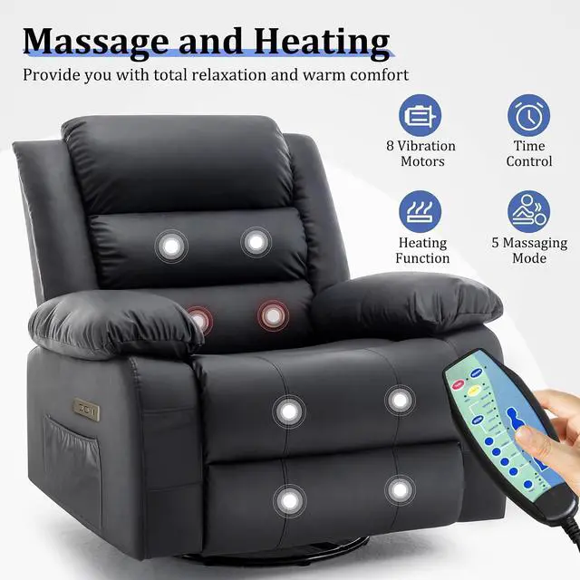 Alt view image 4 of 7 - Korser Oversized Power Recliner Chair, Extra Wide Electric Glider with Massage and Heat, 270° Swivel Rocker for Adults, Nursery Chair with USB Port, Cashmere Reclining Sofa for Living Room, Black