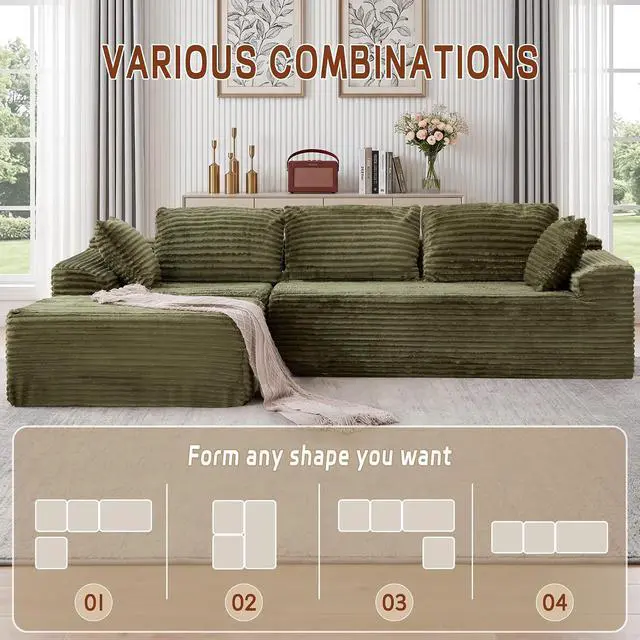 Alt view image 3 of 7 - Korser 110" L-Shaped Modular Sectional Sofa with Chaise, Boneless Comfy Corduroy Fluffy Couch with Deep Seat and Side Pockets, Flexible Module Combination for Living Room, No Assembly, Side Pockets