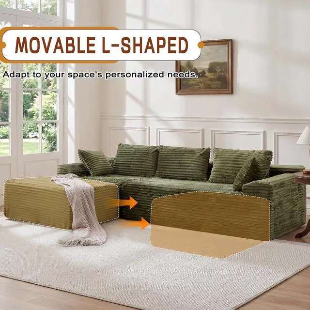 Alt view image 6 of 7 - Korser 110" L-Shaped Modular Sectional Sofa with Chaise, Boneless Comfy Corduroy Fluffy Couch with Deep Seat and Side Pockets, Flexible Module Combination for Living Room, No Assembly, Side Pockets