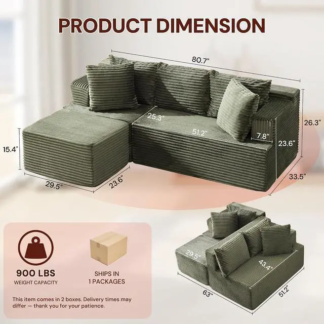Alt view image 2 of 7 - Korser Boneless Couches for Living Room, Cloud Couch Sectional with Ottoman, L-Shaped Sofa with Fluffy Comfy Corduroy Deep Seat, Bedroom, Apartment, No Assembly Required