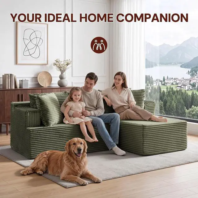 Alt view image 3 of 7 - Korser Boneless Couches for Living Room, Cloud Couch Sectional with Ottoman, L-Shaped Sofa with Fluffy Comfy Corduroy Deep Seat, Bedroom, Apartment, No Assembly Required