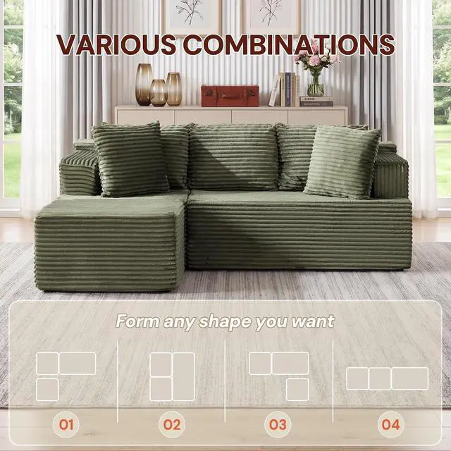 Alt view image 5 of 7 - Korser Boneless Couches for Living Room, Cloud Couch Sectional with Ottoman, L-Shaped Sofa with Fluffy Comfy Corduroy Deep Seat, Bedroom, Apartment, No Assembly Required