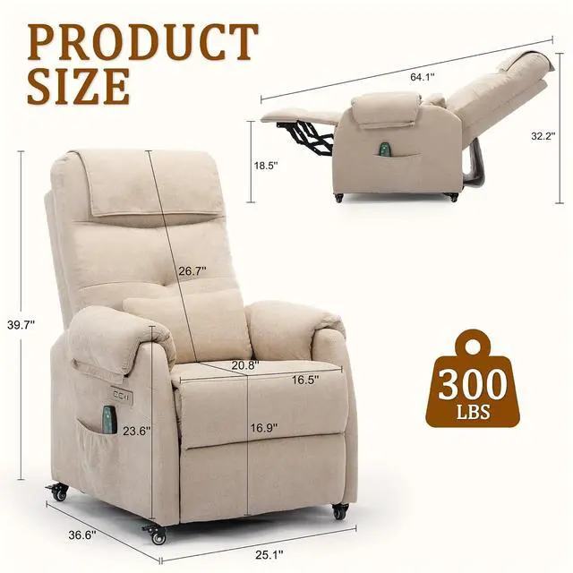 Alt view image 2 of 7 - Korser Power Recliner Chair with Wheels, Small Recliners for Small Spaces for Adults, Electric Recliner Chair with Massage & Heat, USB & Type-C Port, Fabric Recliner for Living Room, Khaki