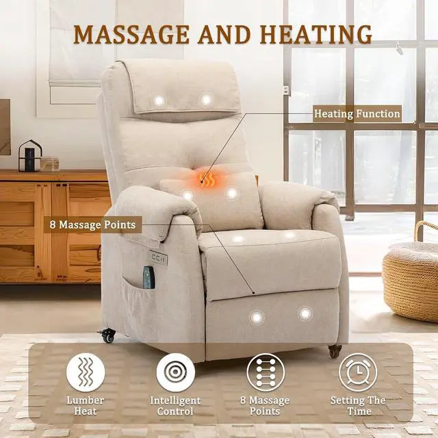 Alt view image 4 of 7 - Korser Power Recliner Chair with Wheels, Small Recliners for Small Spaces for Adults, Electric Recliner Chair with Massage & Heat, USB & Type-C Port, Fabric Recliner for Living Room, Khaki