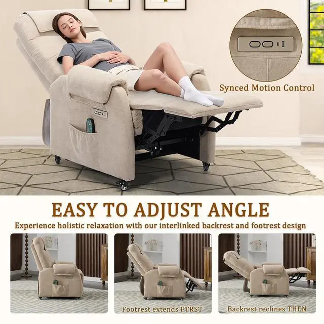Alt view image 5 of 7 - Korser Power Recliner Chair with Wheels, Small Recliners for Small Spaces for Adults, Electric Recliner Chair with Massage & Heat, USB & Type-C Port, Fabric Recliner for Living Room, Khaki