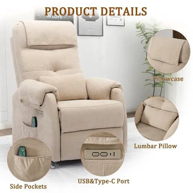 Alt view image 6 of 7 - Korser Power Recliner Chair with Wheels, Small Recliners for Small Spaces for Adults, Electric Recliner Chair with Massage & Heat, USB & Type-C Port, Fabric Recliner for Living Room, Khaki