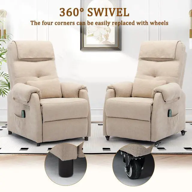 Alt view image 3 of 7 - Korser Power Recliner Chair with Wheels, Small Recliners for Small Spaces for Adults, Electric Recliner Chair with Massage & Heat, USB & Type-C Port, Fabric Recliner for Living Room, Khaki