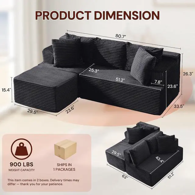 Alt view image 2 of 7 - Korser Boneless Couches for Living Room, Cloud Couch Sectional with Ottoman, L-Shaped Sofa with Fluffy Comfy Corduroy Deep Seat, Bedroom, Apartment, No Assembly Required