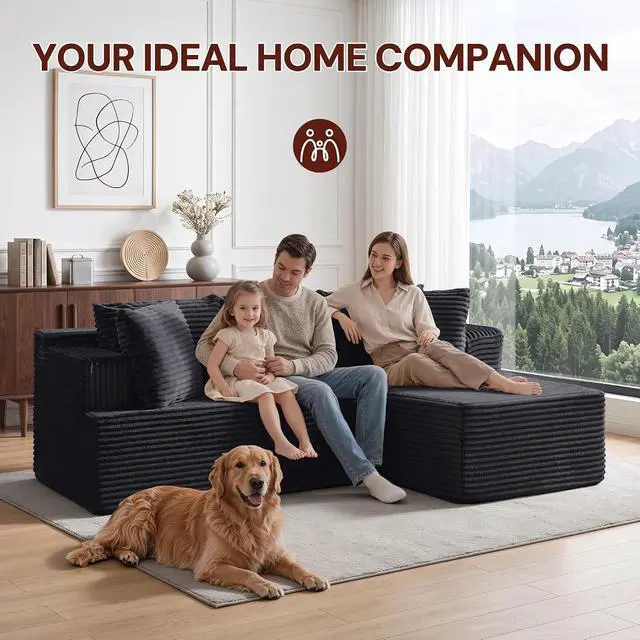 Alt view image 3 of 7 - Korser Boneless Couches for Living Room, Cloud Couch Sectional with Ottoman, L-Shaped Sofa with Fluffy Comfy Corduroy Deep Seat, Bedroom, Apartment, No Assembly Required