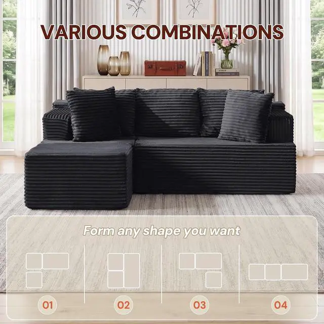 Alt view image 5 of 7 - Korser Boneless Couches for Living Room, Cloud Couch Sectional with Ottoman, L-Shaped Sofa with Fluffy Comfy Corduroy Deep Seat, Bedroom, Apartment, No Assembly Required