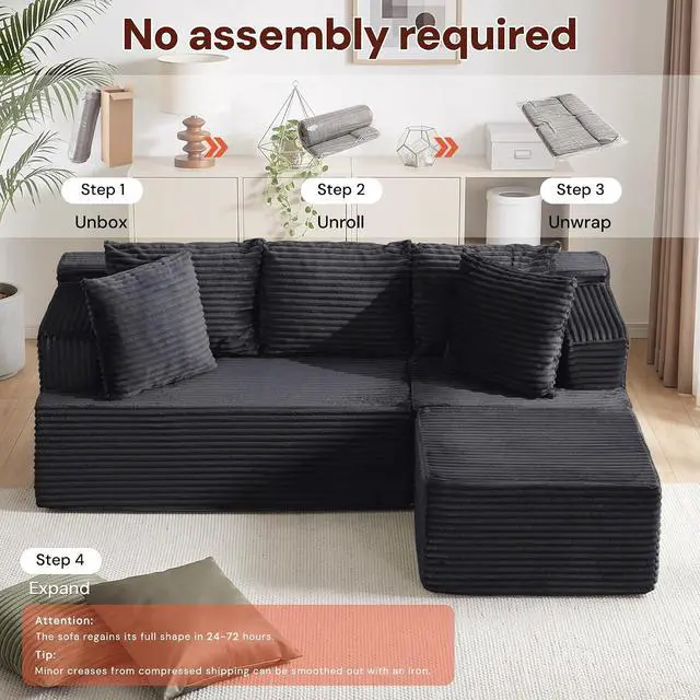 Alt view image 6 of 7 - Korser Boneless Couches for Living Room, Cloud Couch Sectional with Ottoman, L-Shaped Sofa with Fluffy Comfy Corduroy Deep Seat, Bedroom, Apartment, No Assembly Required