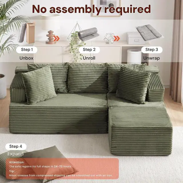 Alt view image 6 of 7 - Korser Boneless Couches for Living Room, Cloud Couch Sectional with Ottoman, L-Shaped Sofa with Fluffy Comfy Corduroy Deep Seat, Bedroom, Apartment, No Assembly Required