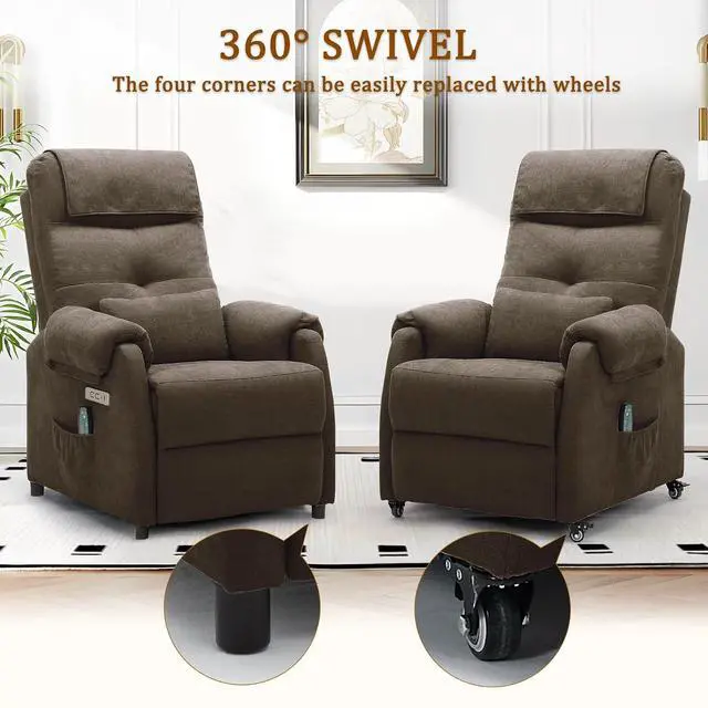 Alt view image 3 of 7 - Korser Power Recliner Chair with Wheels, Small Recliners for Small Spaces for Adults, Electric Recliner Chair with Massage & Heat, USB & Type-C Port, Fabric Recliner for Living Room, Brown