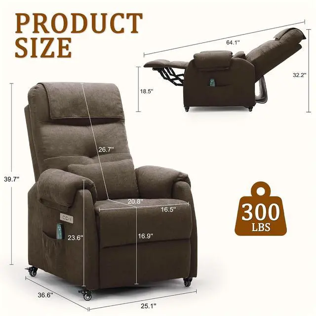 Alt view image 2 of 7 - Korser Power Recliner Chair with Wheels, Small Recliners for Small Spaces for Adults, Electric Recliner Chair with Massage & Heat, USB & Type-C Port, Fabric Recliner for Living Room, Brown