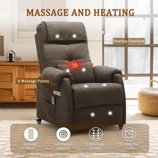 Alt view image 4 of 7 - Korser Power Recliner Chair with Wheels, Small Recliners for Small Spaces for Adults, Electric Recliner Chair with Massage & Heat, USB & Type-C Port, Fabric Recliner for Living Room, Brown